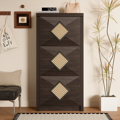 Modern Country Space-Saving Vintage Shoe Cabinet with Rattan Trim & 3-Tier Pull-Down Shelves - Dark Brown Wood Grain Vertical Entryway Furniture Suitable for Hallway, Small Spaces, Apartments - Easy Access Shoe Rack