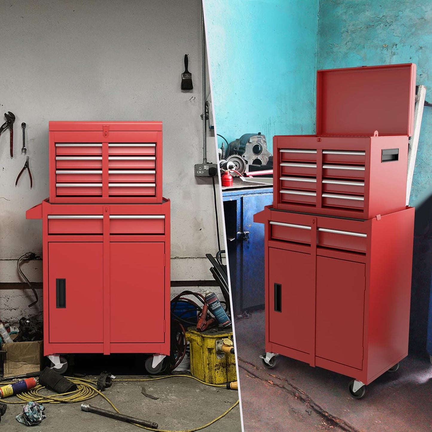 Werkplaatswagen – Gereedschapswagen – Opbergwagen – Toolcart – Werkplaatskast – 2-in-1 Afneembare Bovenkast – Verstelbare Schappen – Metalen Constructie – 100 kg Belastbaar – Mobiel Met 4 Zwenkwielen – Rood – 59x28x102 cm