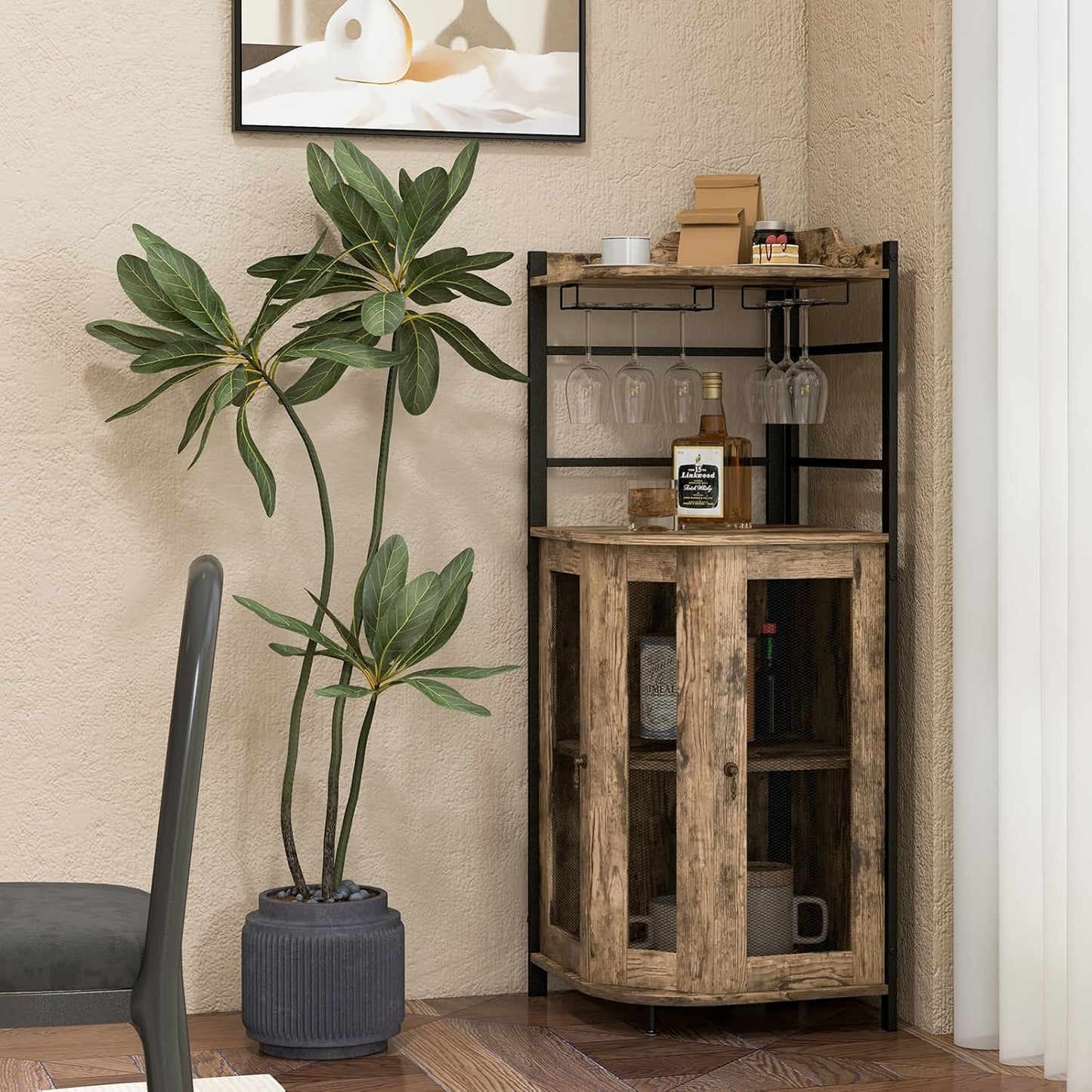 Corner Bar Cabinet with Glass Holder, Industrial Wine Cabinet with Metal Mesh Doors and Adjustable Shelf