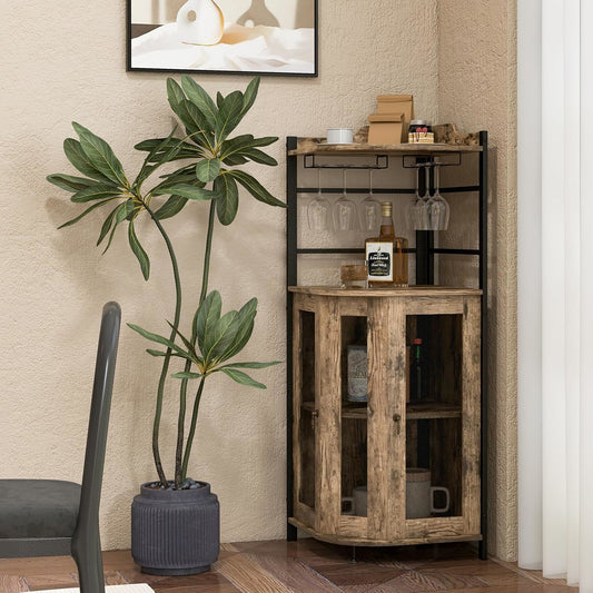 Corner Bar Cabinet with Glass Holder, Industrial Wine Cabinet with Metal Mesh Doors and Adjustable Shelf