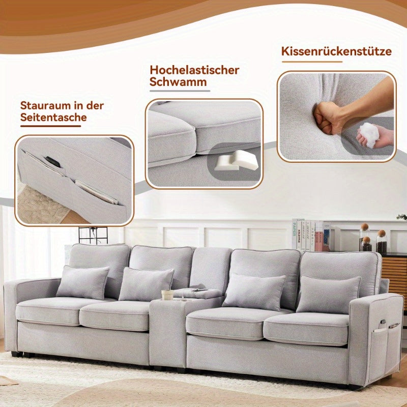 Bankstel – Hoekbank – 4-zitsbank – Slaapbank – Zitbank – Linnen Stoffering – Ingebouwde Console Met 2 Bekerhouders – Armleuning Met Opbergvakken – 4 Comfortabele Kussens – Duurzaam Gemengde Kleuren – Modern Minimalistisch Design
