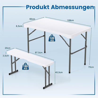 Inklapbare Biertafelset – Biertafel – Bierbank – Picknicktafel – Tenttafel – Compact – Weerbestendig HDPE – 108 cm – Met 2 Banken