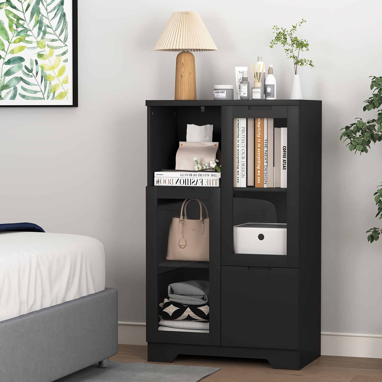 Modern Black MDF Wardrobe with Glass Doors & Drawer - -Standing Tall Cabinet, Open Shelving & Closed Storage (≥3.2 Cu Ft), Self-Assembling Particle Board Dresser for Bedroom/Living Room, 68.58cm+ Height, Wood-Free MDF, Base
