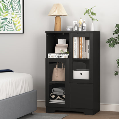 Modern Black MDF Wardrobe with Glass Doors & Drawer - -Standing Tall Cabinet, Open Shelving & Closed Storage (≥3.2 Cu Ft), Self-Assembling Particle Board Dresser for Bedroom/Living Room, 68.58cm+ Height, Wood-Free MDF, Base