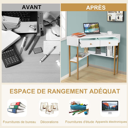 Hoekbureau – Bureautafel – Computerbureau – Werkplek – L-vormig Bureau – MDF & Stalen Frame – 70,5x70,5 cm – 2 Lades Met Opbergruimte