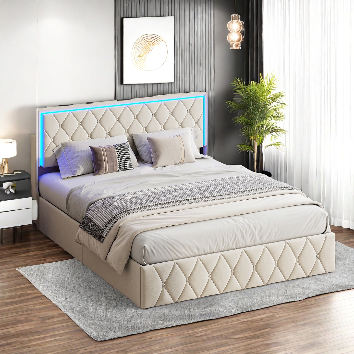 Tweepersoonsbed – Bed Met Opbergruimte – Led Bed – Fluwelen Bed – Oplaadbaar Bed – 140x200 cm – Verstelbare RGB LED Verlichting – Ingebouwde USB- en Type-C Poorten
