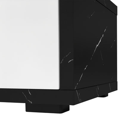 Modern TV Stand with Swivel Doors & Variable Length - Black Marble Look & Golden Accent White High-Gloss Matte Finish, Metal Construction, Space-Saving Design with Storage Shelves, No Electrical Required, Easy Assembly for La