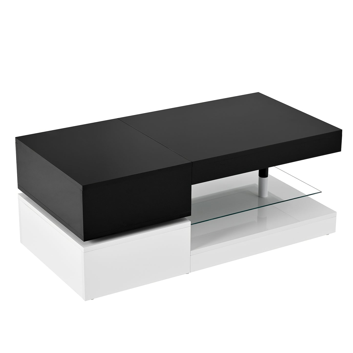 Salontafel – Koffietafel – Bijzettafel – Woonkamertafel – Tafeltje – Zwart-Wit Modern – Glasplanken – Hoogglans Metaal – Stevig & Duurzaam – Extra Opbergruimte