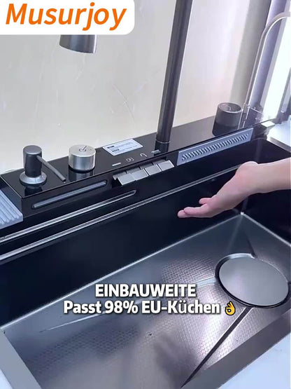 Keukenfontein – Spoelbak – Binnenfontein – Werkbladfontein – Undermount Spoelbak – Zwart Matzwart – RVS Duurzaam – Compact 29,5x17,7 cm – Inclusief Watervalkraan & Uittrekbare Sproeikop