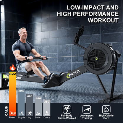 Roeimachine – Roeitrainer – Roeiapparaat – Fitness Roeimachine – Air Resistance Rowing Machine – 10 Weerstandsniveaus – Draadloos Smart Display – Inklapbaar – Max 160 kg Belastbaar