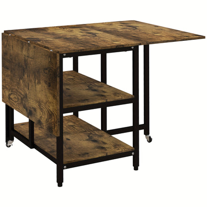Opvouwbare Eettafel – Tafel Op Wielen – Vouwtafel – Uitschuifbare Tafel – Klaptafel – 140x80 cm – 2 Tiers Bruin Staal Rustiek