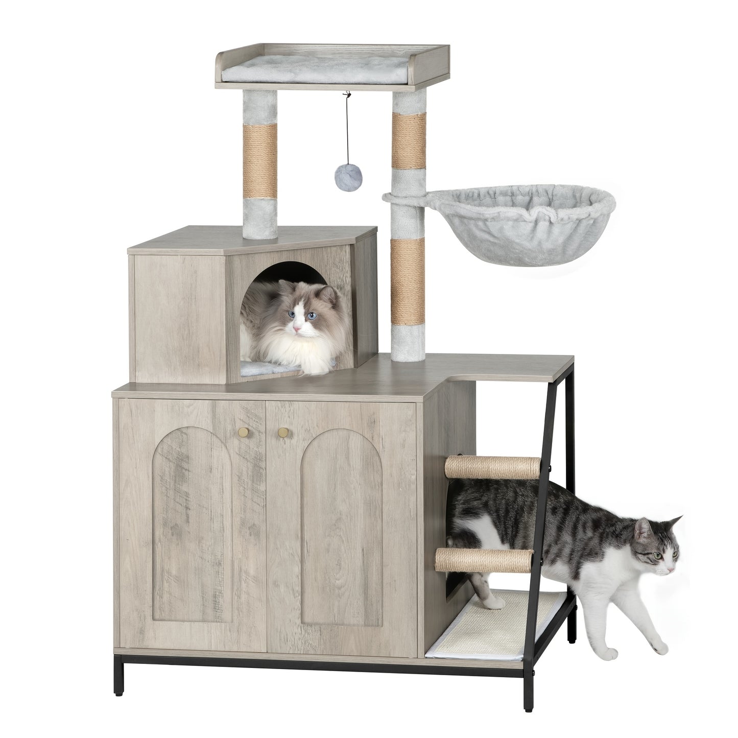 Kattenmeubel 4-in-1 – Kattenboom – Krabpaal – Kattenhuis – Kattenbakmeubel – Taupe – Ruim & Stabiel – Verstopte Kattenbak Met Sisal Krabpalen