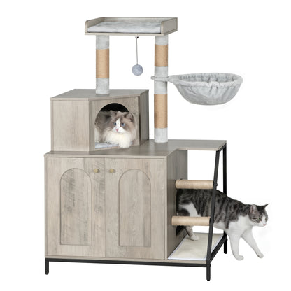 Kattenmeubel 4-in-1 – Kattenboom – Krabpaal – Kattenhuis – Kattenbakmeubel – Taupe – Ruim & Stabiel – Verstopte Kattenbak Met Sisal Krabpalen