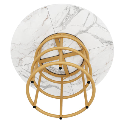 Ronde Eettafel – Eettafel Rond – Keukentafel – Tafel Marmerlook – Tafeltje Goudkleurig Metaal – 100 cm Diameter – Verstelbare Poten