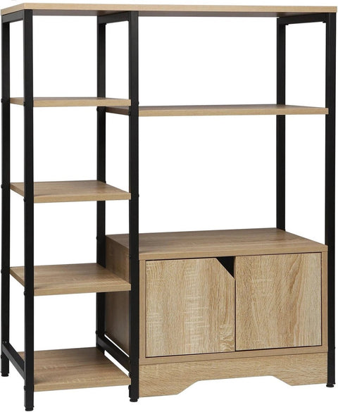 Boekenkast - 80x35x97cm - met Kastje -  5 Lagen - MDF en Metaal - Licht Eiken Kleur - 6-laags - Houten Boekenplank - Opbergrek - Staande Plank - Hoekboekenkast - Organizer voor Woonkamer en Kantoorkeuken