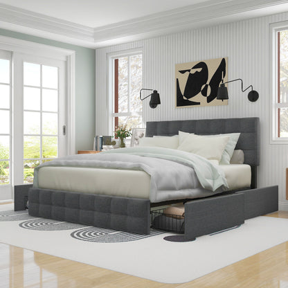 Bedkastenbed – Eenpersoonsbed – Opbergbed – Jeugdbed – Slaapbank – Met Vier Laden – Metalen Frame – Grijze Linnen Bekleding – 140x200 cm – Verstelbaar Hoofdbord