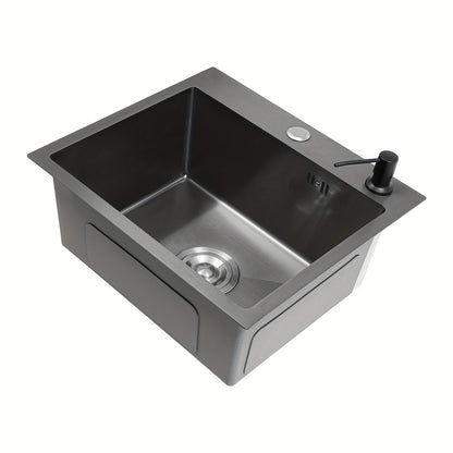 Enkele Spoelbak – Keukenspoelbak – Wastafel – Inbouwspoelbak – Zwarte Spoelbak – Roestvrij Staal 201 – Nano-Coating & X-vormige Waterafvoer – Ingebouwde Zeepdispenser 150ml