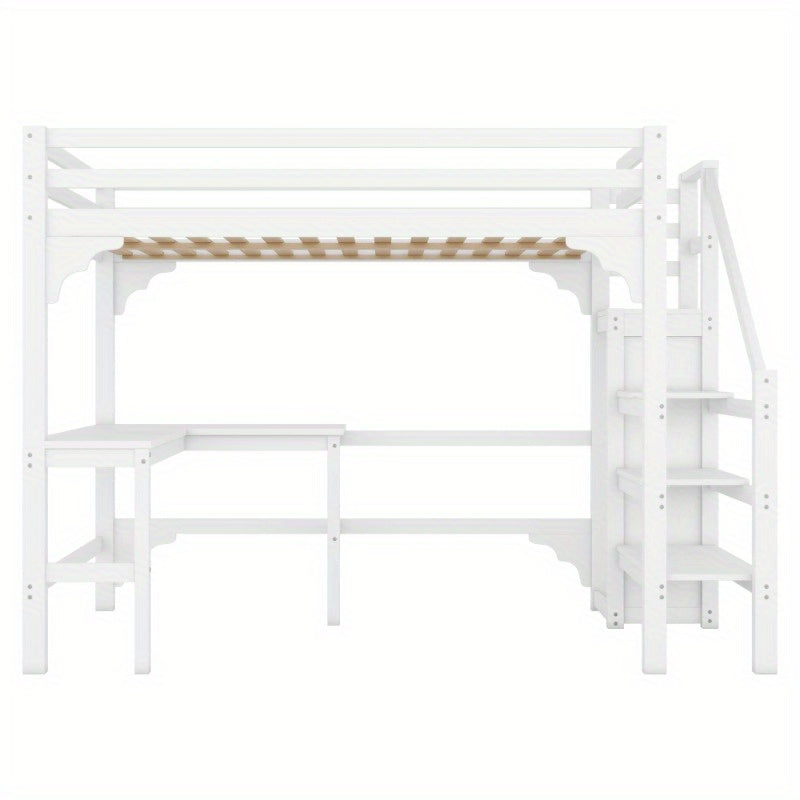 Hoogslaper – Halfhoogslaper – Stapelbed – Bedbank – Multifunctioneel Bed – 140x200 cm – Wit Metalen Frame – Met Bureau en Kledingrek – Ruimtebesparend Design