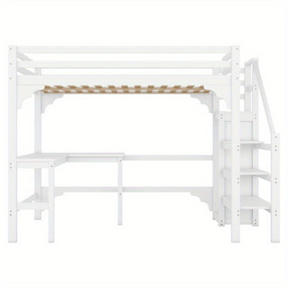 Hoogslaper – Halfhoogslaper – Stapelbed – Bedbank – Multifunctioneel Bed – 140x200 cm – Wit Metalen Frame – Met Bureau en Kledingrek – Ruimtebesparend Design