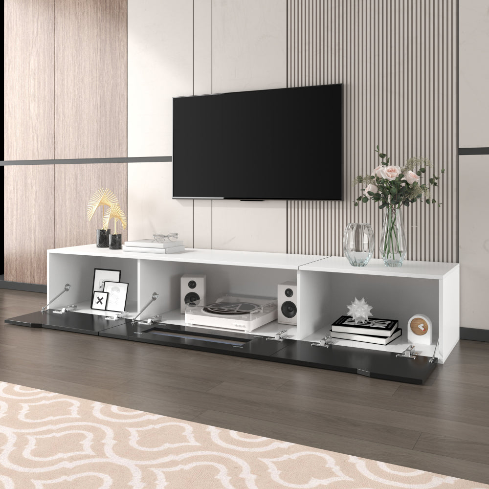 Modern Metal TV Stand with High-Gloss Finish - Wall-Mounted or Freestanding Media Console, Space-Saving Design in Black & White, Easy Installation with Hardware Included, Minimalist Entertainment Center for Living Room, Home