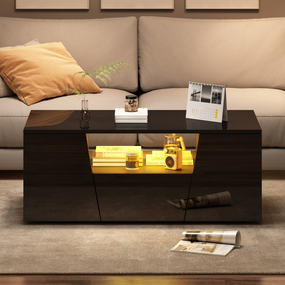 Salontafel – Koffietafel – Bijzettafel – Woonkamertafel – Tafeltje – Hoogglans Zwart – Glasblad & Metaalframe – Ruime Opbergruimte met Laden – 100x50x40 cm – Compact & Modern Design