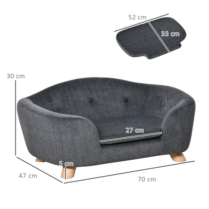 Huisdierbank – Hondenbank – Kattenbank – Dierenbed – Huisdiersofa – Antraciet Grijs – Zacht Pluche Kussen – Stevig Dennenhouten Frame 70 x 47 x 30 cm