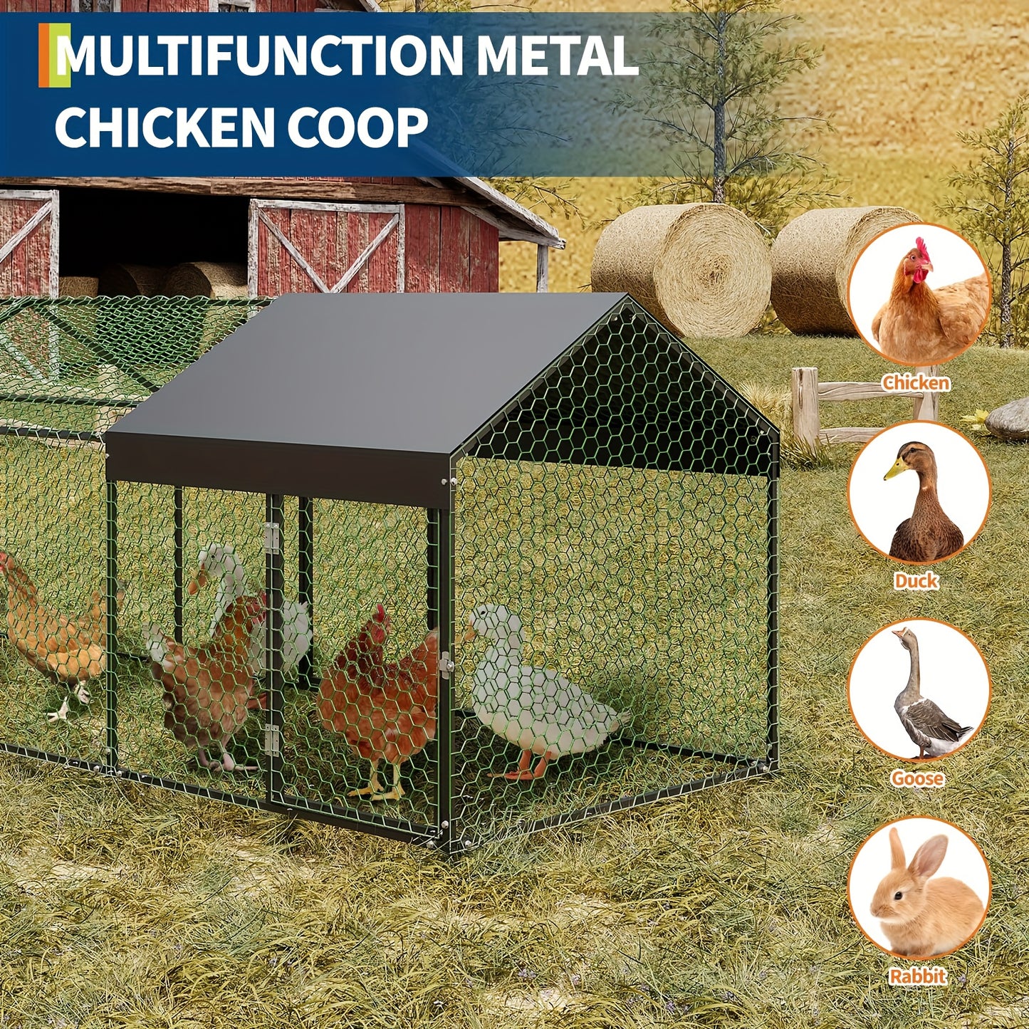 Extra Large Heavy-Duty Metal Chicken Coop with Waterproof UV-Resistant Roof - Extra Long 3.05meter (3.05meter) Run, Walk-In Door & Internal Partition - Spacious 101.6cmWx101.6cmH Poultry Cage for Chickens, Ducks, Geese, Rabbi