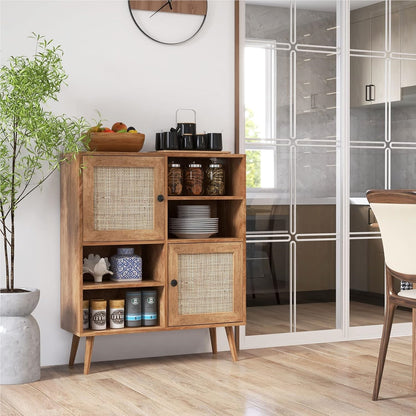 Dressoir – Sideboard – Opbergkast – Ladekast – Buffetkast – Houtenkleurig met Rattan Deuren – 80x29,5x97 cm – Stevige Constructie met Anti-Kantelbeugels