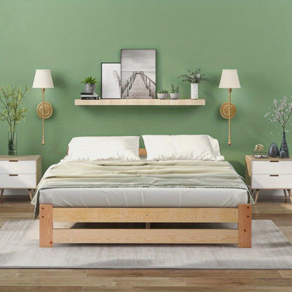Massief Houten Bedframe – Futon Bed – Platformbed – Slaapbank – Boxspringframe – Met Hoofdbord – Met Lattenbodem – Naturel Afwerking – 200x140 cm Queen Size – Scandinavisch Minimalistisch Design