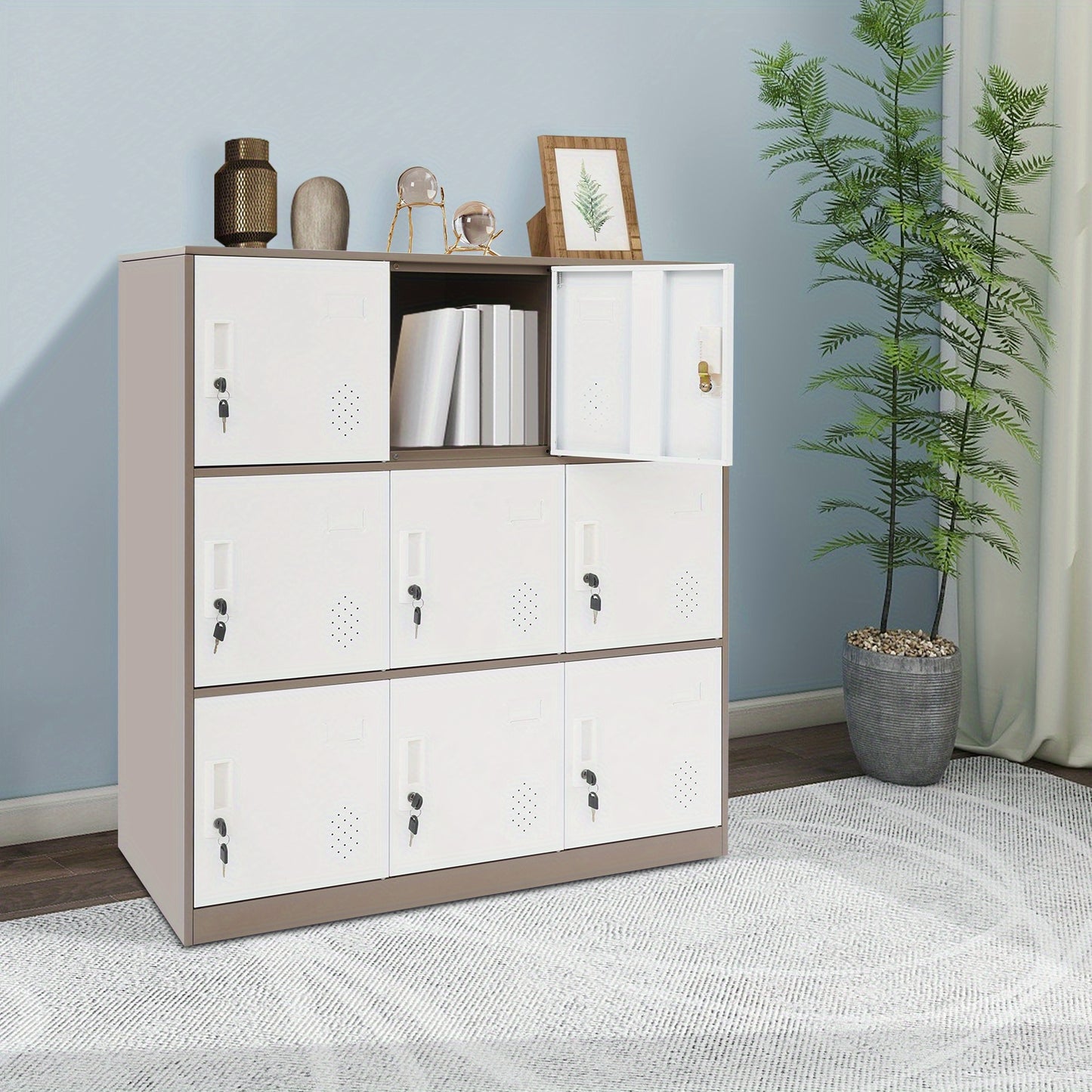 9-Door Heavy-Duty Lockable Metal Storage Cabinet with Card Slots & Key Lock - Modern Floor-Standing Office Cabinet with 9 Individual Compartments, 74.84KG/Shelf Capacity, Easy Assembly for Home Office, School, Business - Cont