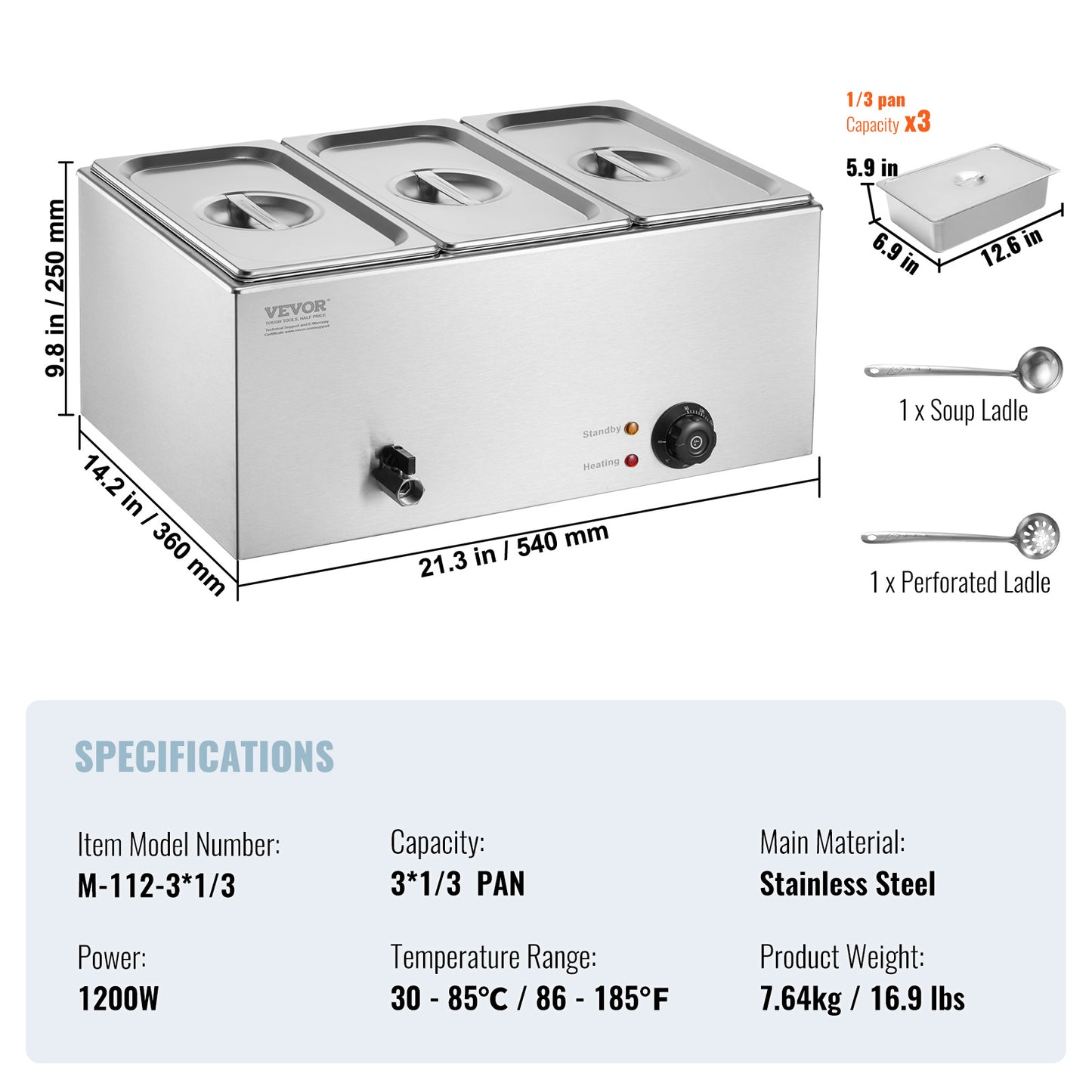 Elektrische Food Warmer – Buffet Warmer – Voedselwarmhouder – Bain Marie – Warmhoudplaat – 16,5L Capaciteit – Roestvrijstalen Behuizing – Verstelbare Temperatuur 30-85°C
