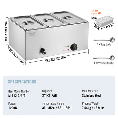 Elektrische Food Warmer – Buffet Warmer – Voedselwarmhouder – Bain Marie – Warmhoudplaat – 16,5L Capaciteit – Roestvrijstalen Behuizing – Verstelbare Temperatuur 30-85°C