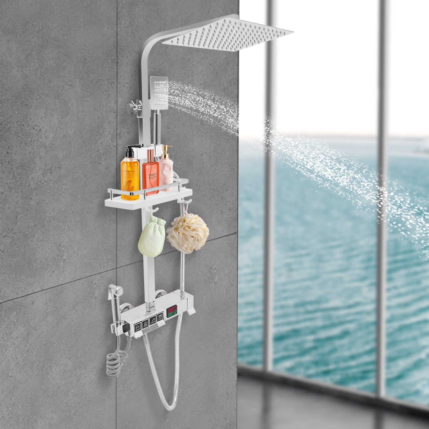 Douche Set – Regendouche – Handdouche – Waterpistool – Badkraan – 4-Uitlaat Systeem – Roestvrij Staal & Messing – Constant Temperatuurregeling