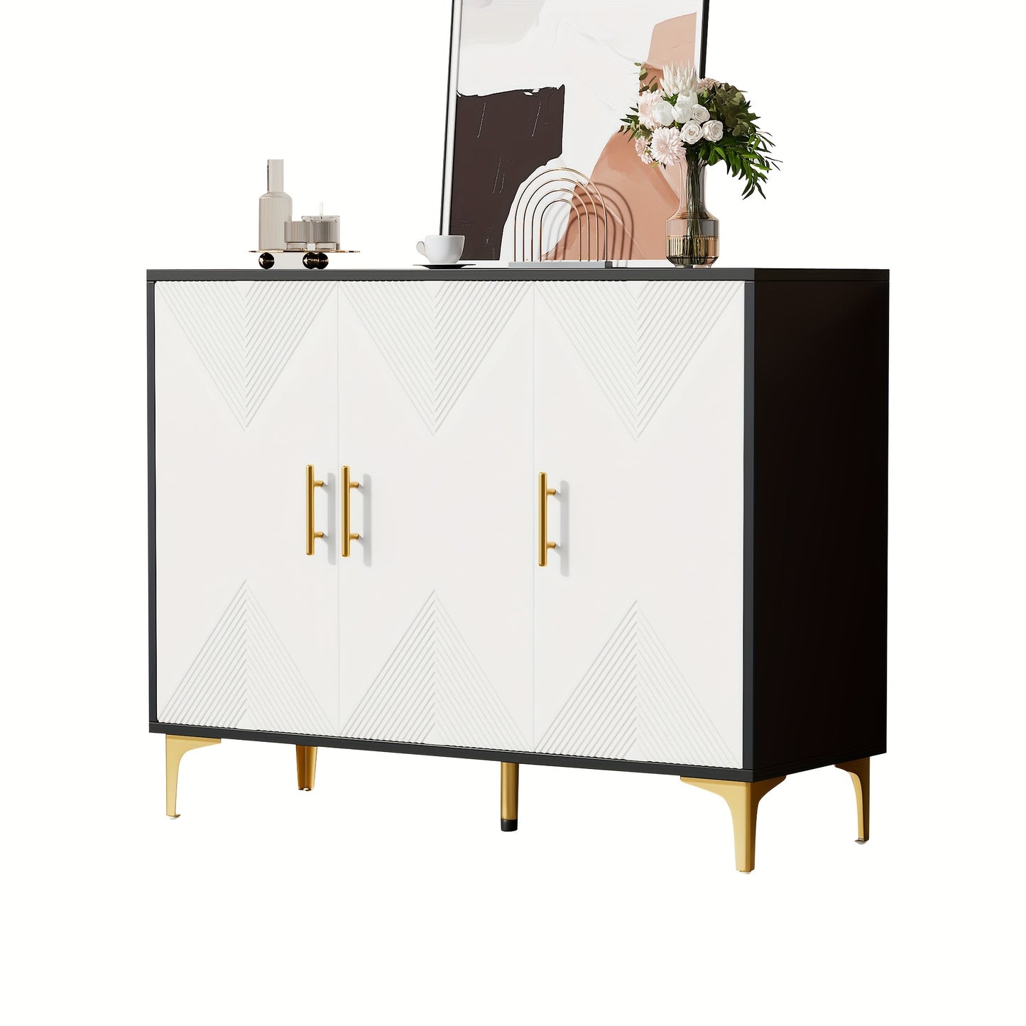 Opbergkast – Kasten – Dressoir – Sideboard – Bergmeubel – Wit Met Gouden Accenten – Ruime Opbergruimte 3,2+ Kubieke Voet – Vrijstaand En Snel Te Plaatsen