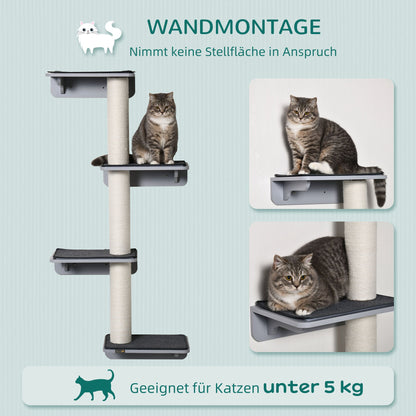 Wandklimwand Voor Katten – Krabpaal Wandmeubel Klimrek Kattenhoek – Lichtgrijs Beige – Houten Muurmontage – Compact Formaat 66x28x137 CM – Stevig Duurzaam Materiaal