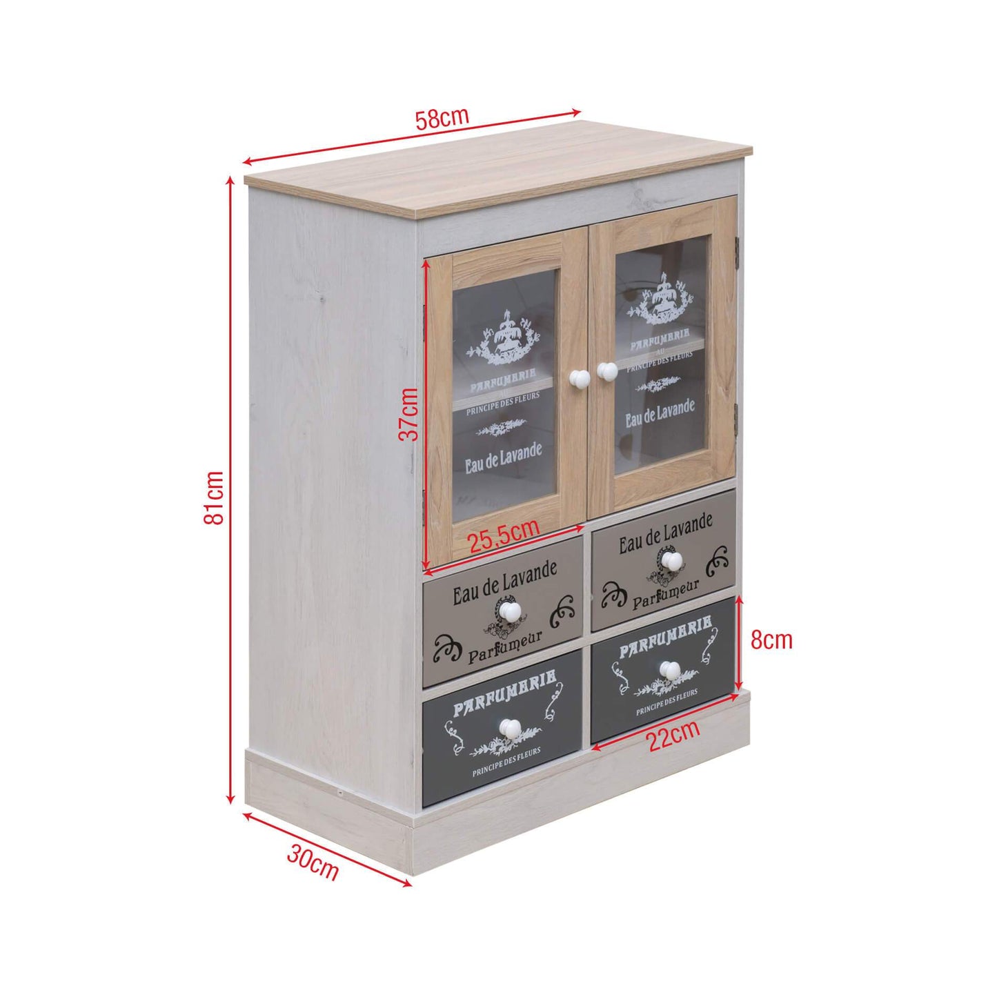 Keukenkast – Opbergkast – Dressoir – Buffetkast – Ladekast – Shabby Chic Wit Beige Grijs – Compact Formaat 81x58x30 cm – Duurzaam Melamine MDF