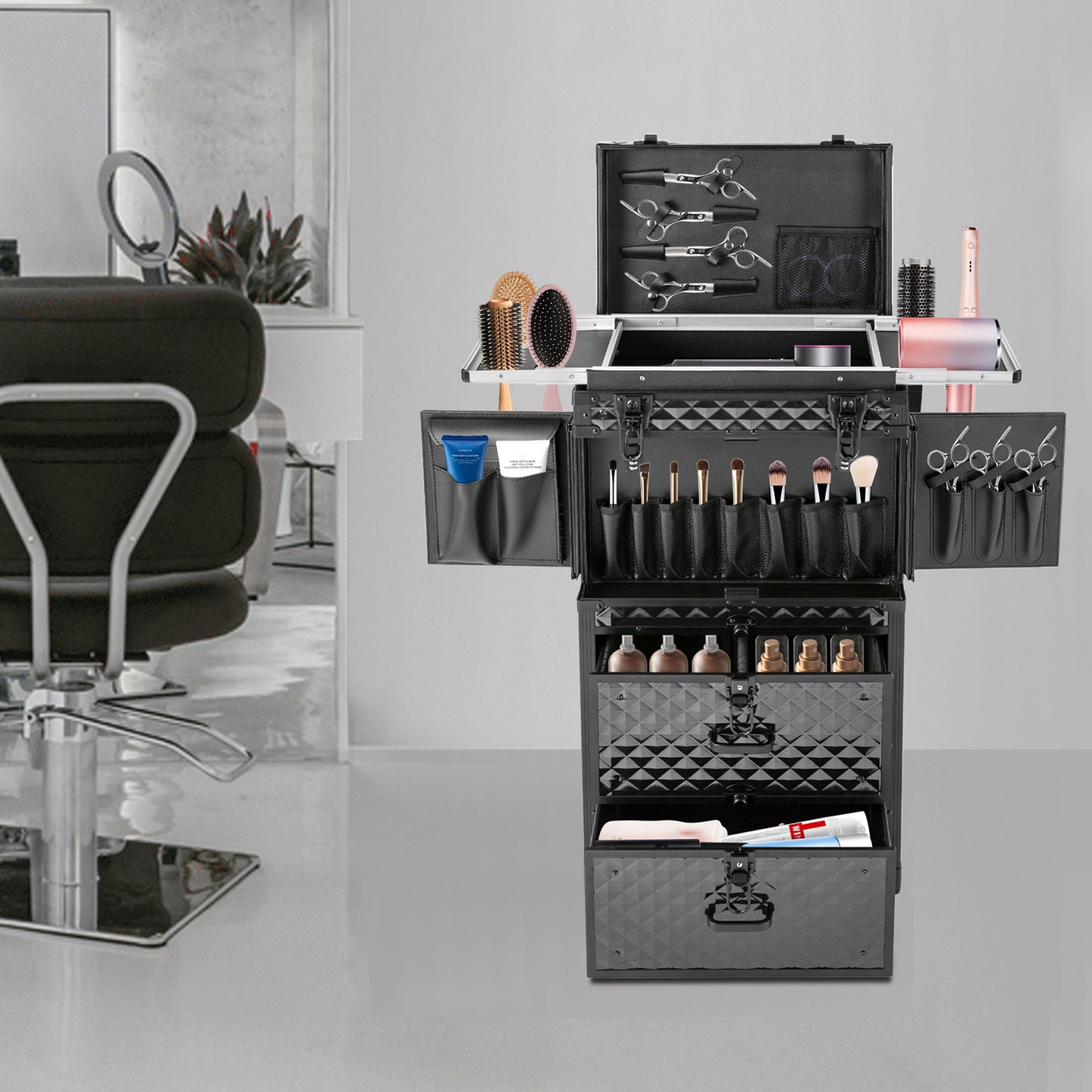 Make-up Koffer – Make-up Trolley – Cosmetica Organizer – Make-up Case – Make-up Trolley Op Wielen – 4 Lagen Indeling – Duurzaam Aluminium Zwart