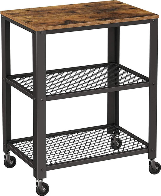 Serveerwagen - Keukentrolley -Trolley - Heukenplank op 4 wielen - Stalen frame - 3 ken - Voor keuken en woonkamer - Industrieel design - Vintageplan bruinzwart - Bruin - QUORE