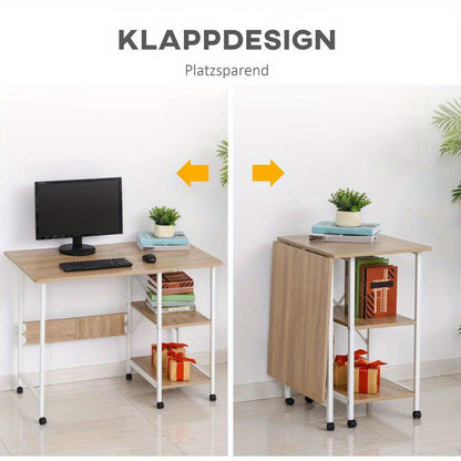 Inklapbare Tafel – Vouwtafel – Bureau – Bijzettafel – Mobiele Computer Tafel – MDF – Natuurlijk Hout – Met Wieltjes – 107x55x76 cm
