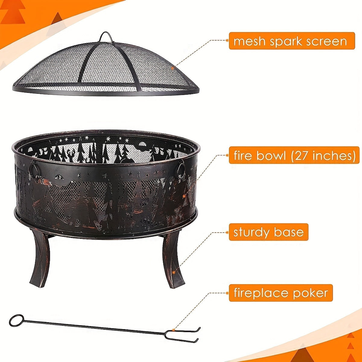 Vuurkorf – Tuinhaard – Terrashaard – Kampvuurkorf – Buitenhaard – Vintage Stijl – Elandpatroon – Duurzaam IJzer – Inclusief Vonkenscherm – 71x65 cm
