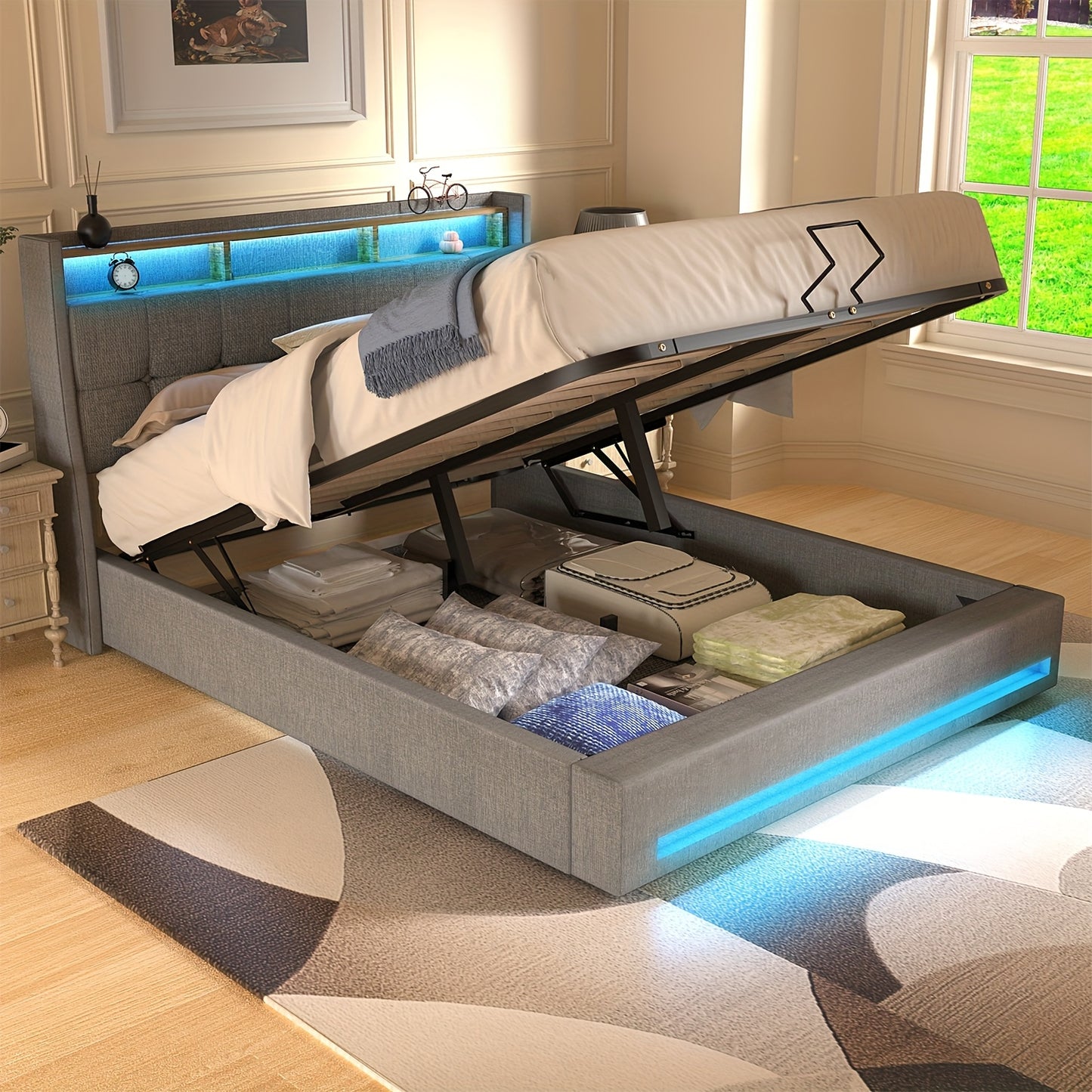 Tweepersoonsbed – Opbergbed – Bedframe – Gasliftbed – Bed Met LED-Verlichting – 140x200 cm – Hydraulische Opbergruimte – Grijs Linnen Bekleed