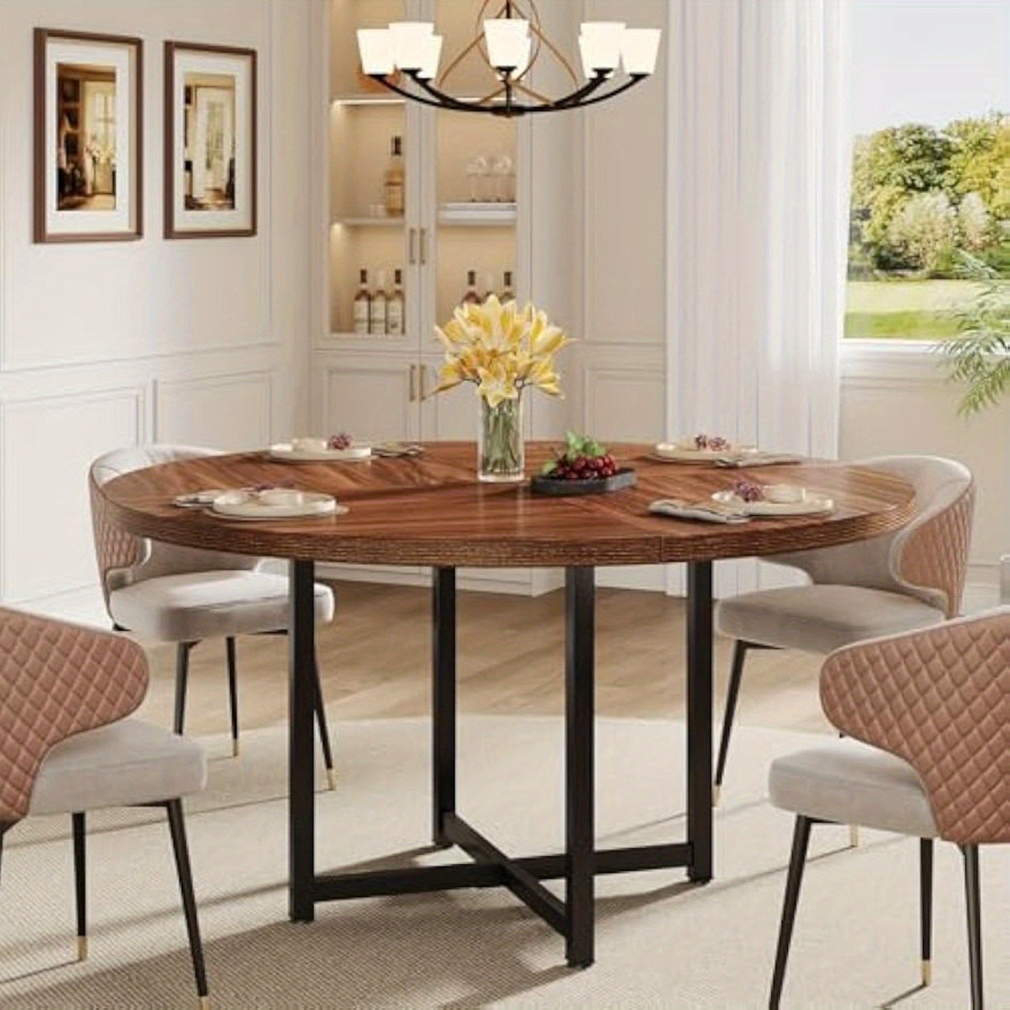Ronde Eettafel – Keukentafel – Dinertafel – Eettafel Klein – Ronde Tafel – 120 cm Diameter – Houten Blad Met Stalen Kruispoten – Modern Minimalistisch Design