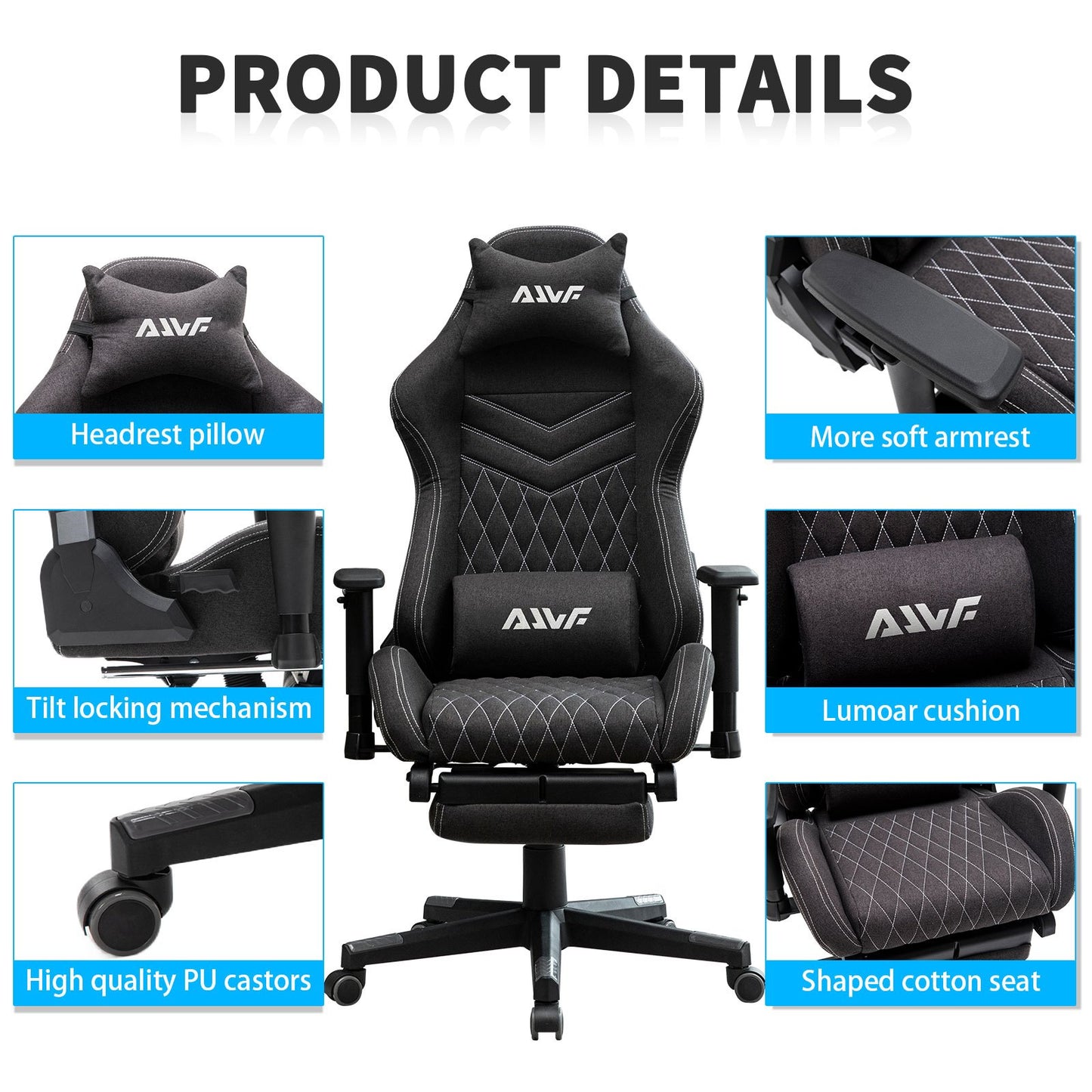 Gamingstoel – Gamestoel – Gaming Chair – Game Stoel – Bureaustoel – Ademend Stof – Pocketveer Zitting – Verstelbare Voetsteun – Opbergtas – Zwart