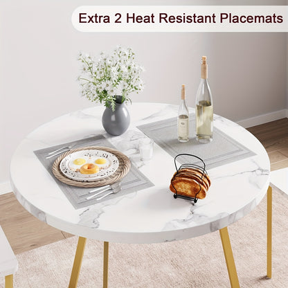 Eetkamertafel Set – Ronde Tafel – Bistro Set – Keukentafel – Dinette Set – Goudkleurig – Compact 2-Persoons – Gestoffeerde Stoelen – Stevig Stalen Frame