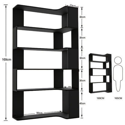 Boekenrek Hoekboekenkast Boekenplank Vakkenkast Stellingkast – Zwart – 5-laags – Hardhout & Spaanplaat – Vrijstaand Triangel Ontwerp – Ruimtebesparend – 68,5 cm Hoog – Eenvoudige Montage Zonder Gereedschap