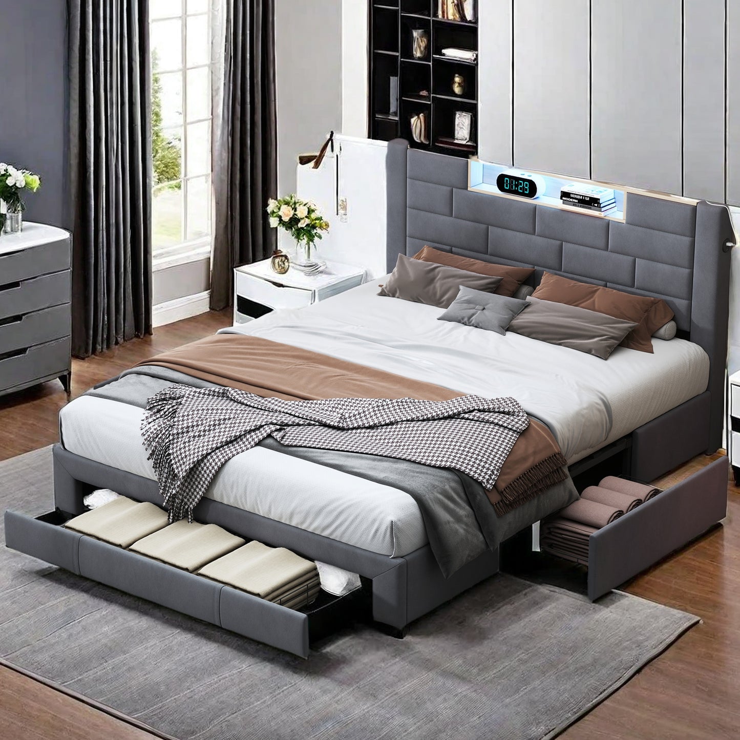 Led Bed – Tweepersoonsbed – Gestoffeerd Bed – Opbergbed – Slaapbank – 160x200 cm – Fluwelen Bekleding – Ingebouwde LED Verlichting en USB-poorten
