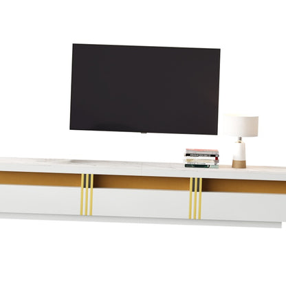 Modern TV-meubel – TV-meubel – Tv-kast – TV-standaard – Mediameubel – Marmerlook Design – Kabelmanagement – Geschikt voor 90 inch TV – 3 Ruime Lades – Duurzaam Niet-Houten Materiaal – Wit