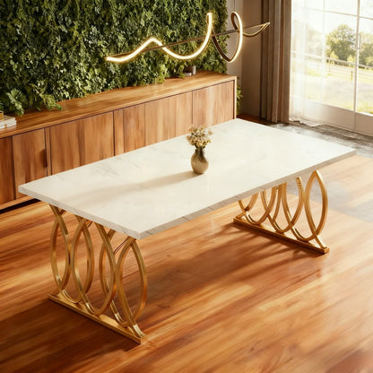 Eettafel – Tafel – Keukentafel – Dinertafel – Tafeltje – Rechthoekig – Wit Faux Marmeren Blad – Gouden Geometrische Poten – 160x80 cm – Geschikt voor 4-6 Personen