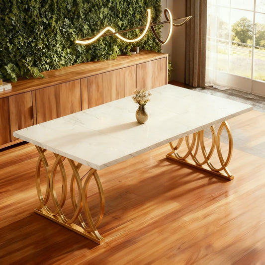 Eettafel – Tafel – Keukentafel – Dinertafel – Tafeltje – Rechthoekig – Wit Faux Marmeren Blad – Gouden Geometrische Poten – 160x80 cm – Geschikt voor 4-6 Personen