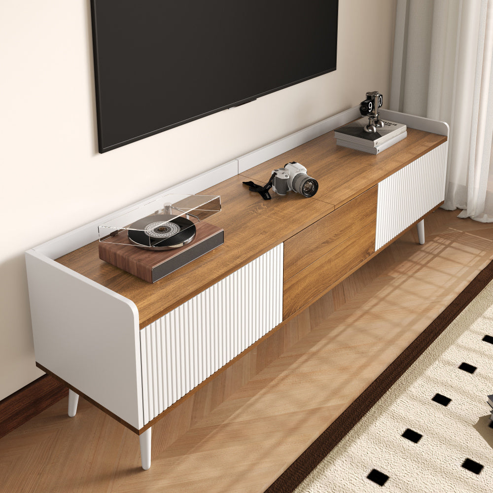 TV cabinet, TV table, TV stand, three door cabinet, compact design, white and natural wood grain finish, height 49.5cm * length 160cm * width 39cm,  Media Storage, Sleek Cabinet, Modern Design, Easy Assembly, Console Table, D